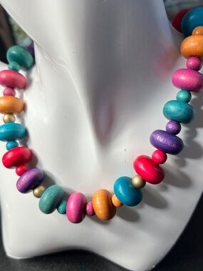 Vintage Rainbow Confetti Tribal Ethnic Festival Colorful Wooden Bead Necklace